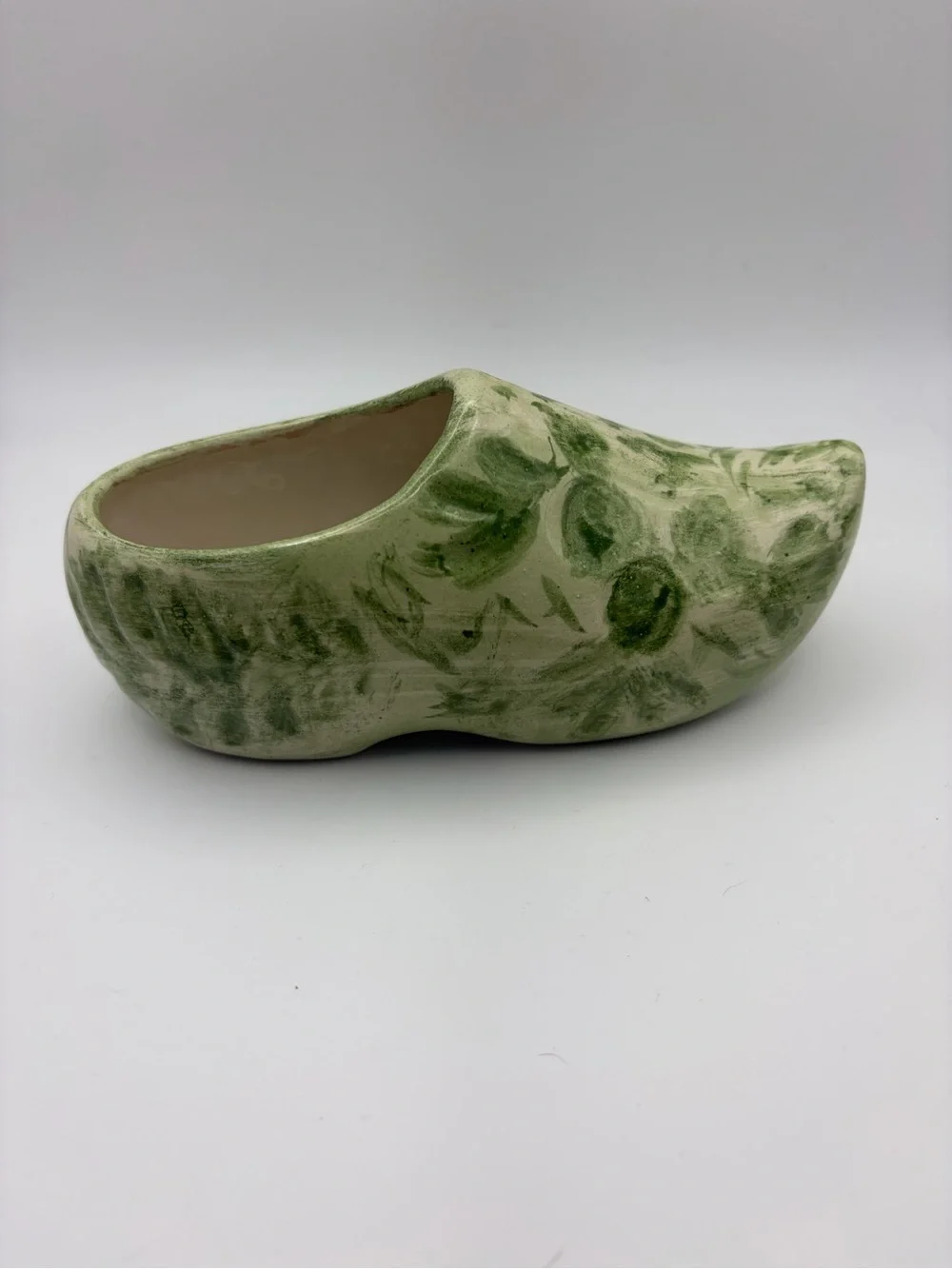 Vintage Ceramic Dutch Clog Shoe Figurine Green Floral Hand Painted 6” Decor